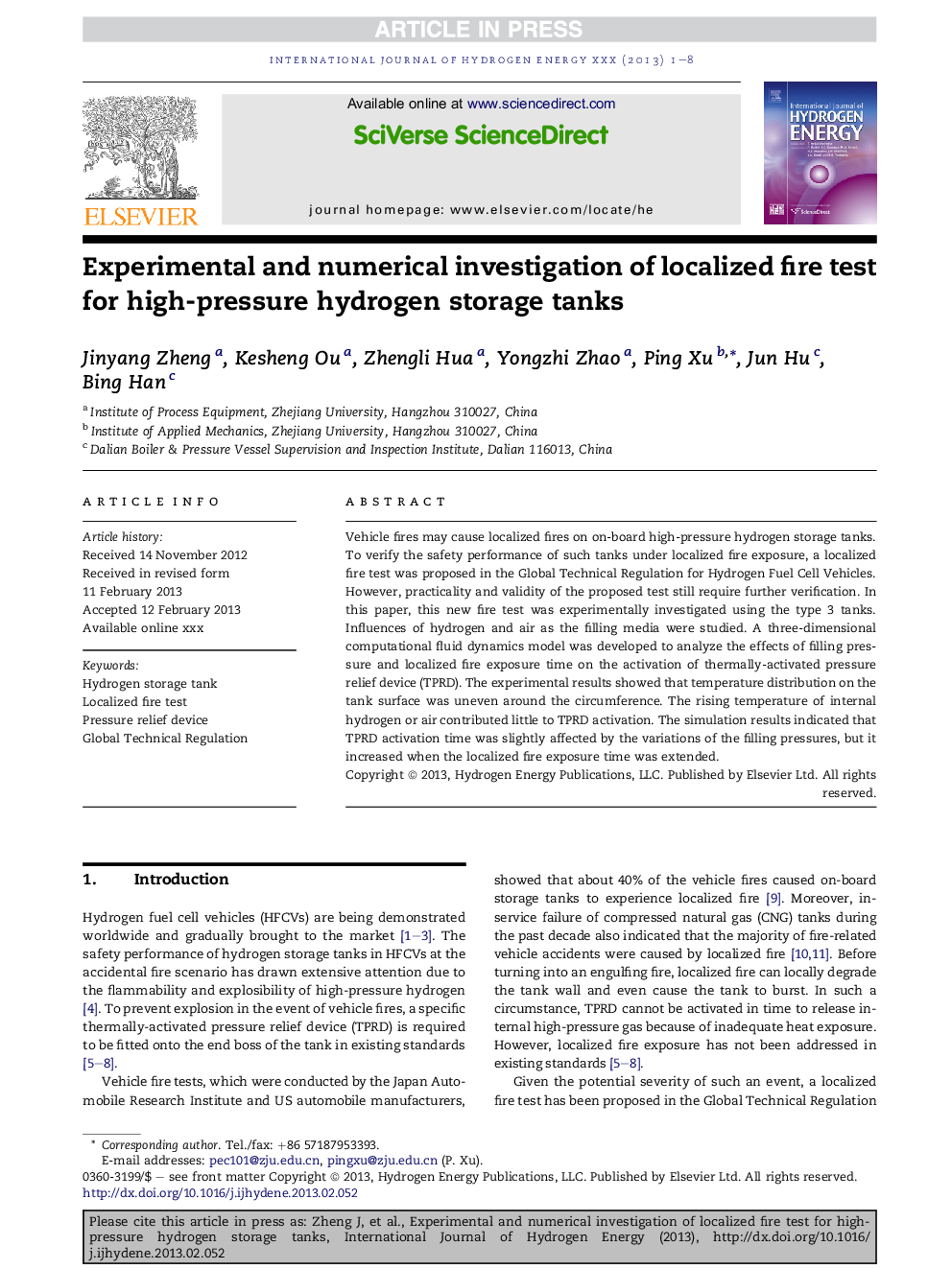 Experimental and numerical investigation of localized fire test for high-pressure hydrogen storage tanks