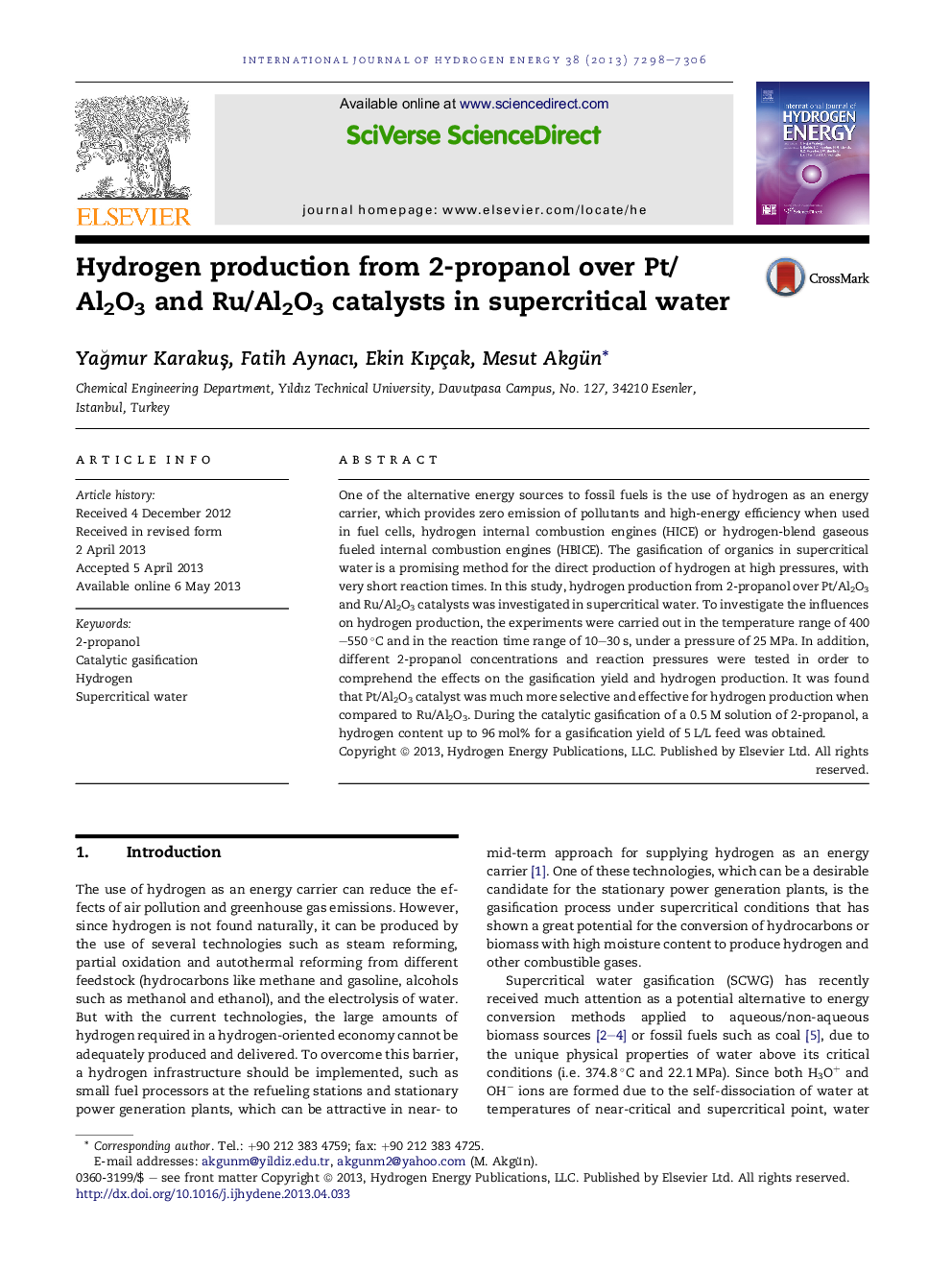 Hydrogen production from 2-propanol over Pt/Al2O3 and Ru/Al2O3 catalysts in supercritical water