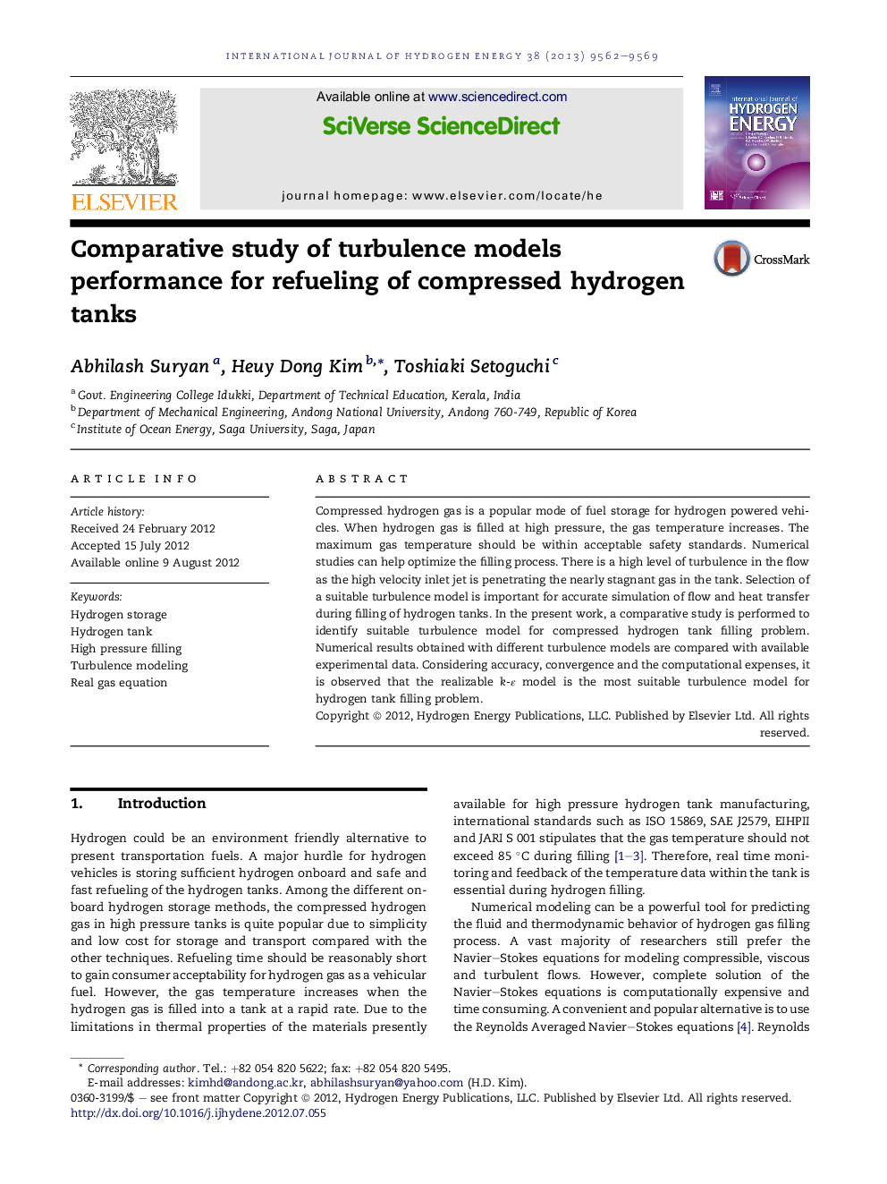 Comparative study of turbulence models performance for refueling of compressed hydrogen tanks