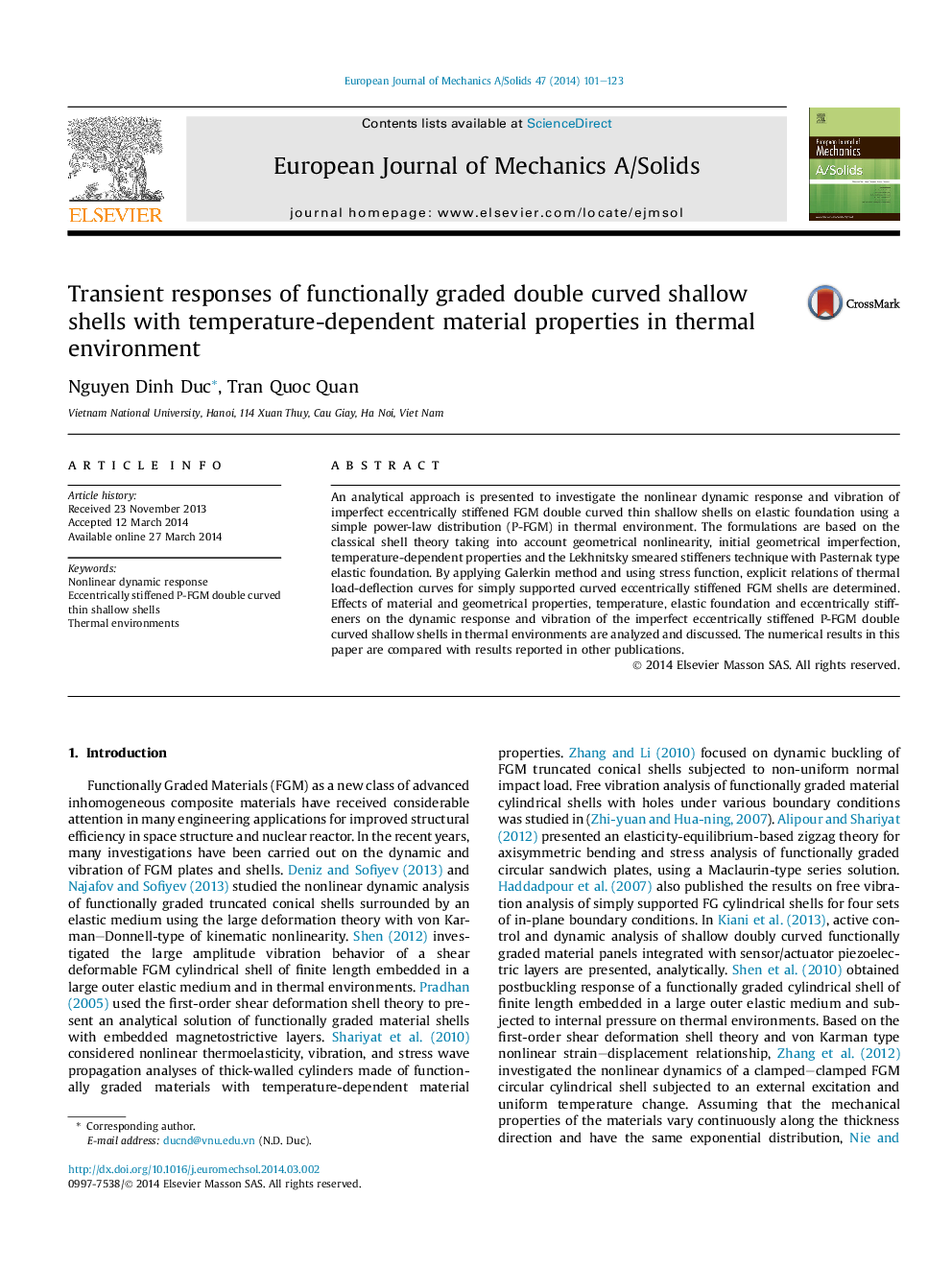 Transient responses of functionally graded double curved shallow shells with temperature-dependent material properties in thermal environment