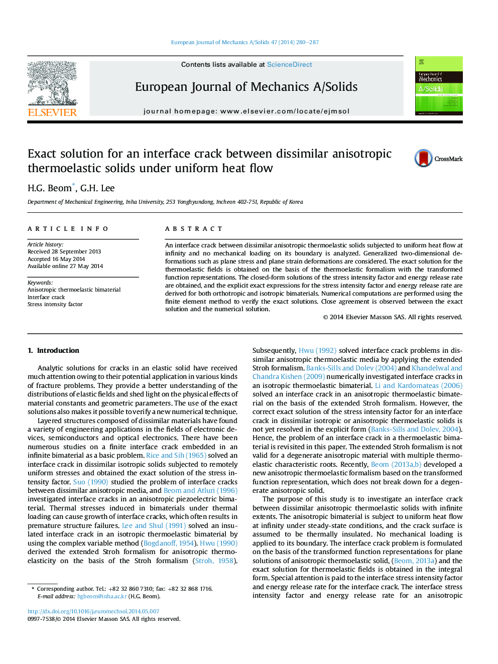 Exact solution for an interface crack between dissimilar anisotropic thermoelastic solids under uniform heat flow