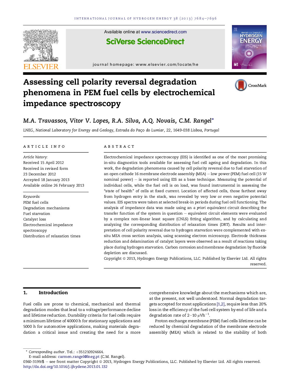 Assessing cell polarity reversal degradation phenomena in PEM fuel cells by electrochemical impedance spectroscopy