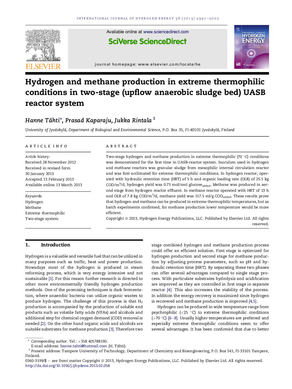 Hydrogen and methane production in extreme thermophilic conditions in two-stage (upflow anaerobic sludge bed) UASB reactor system