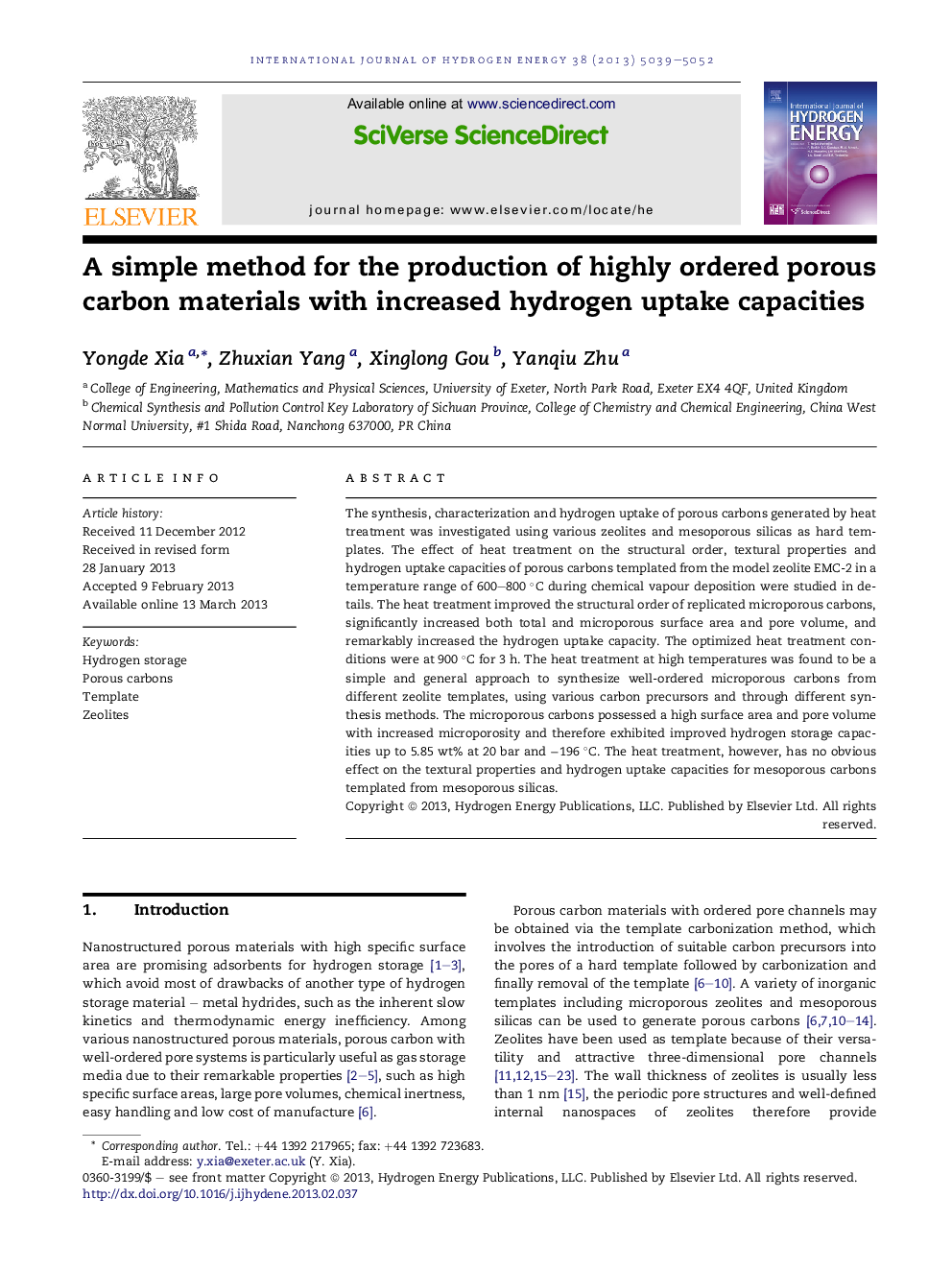 A simple method for the production of highly ordered porous carbon materials with increased hydrogen uptake capacities