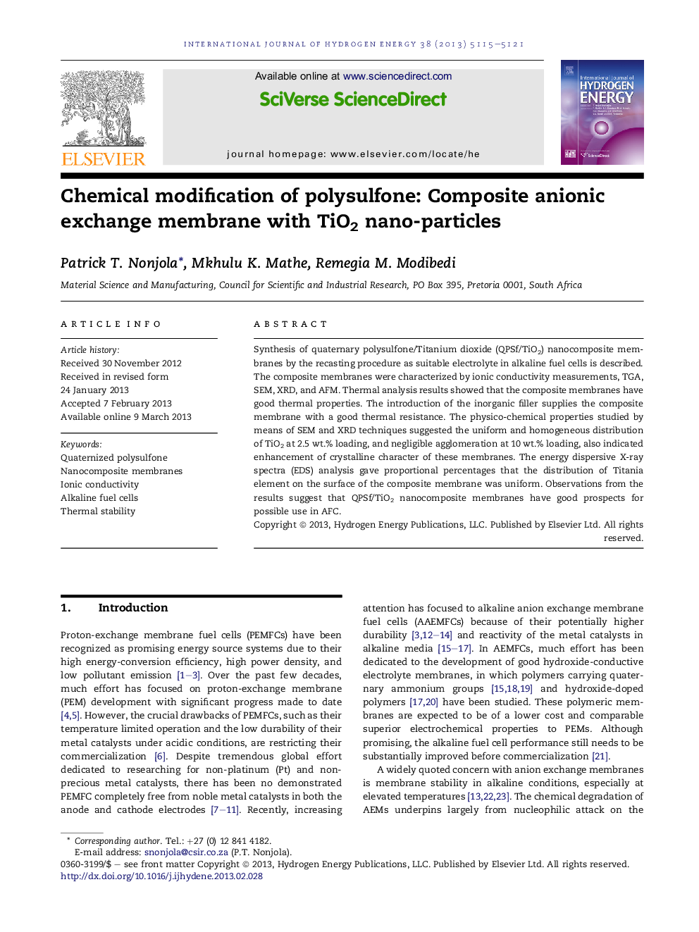 Chemical modification of polysulfone: Composite anionic exchange membrane with TiO2 nano-particles