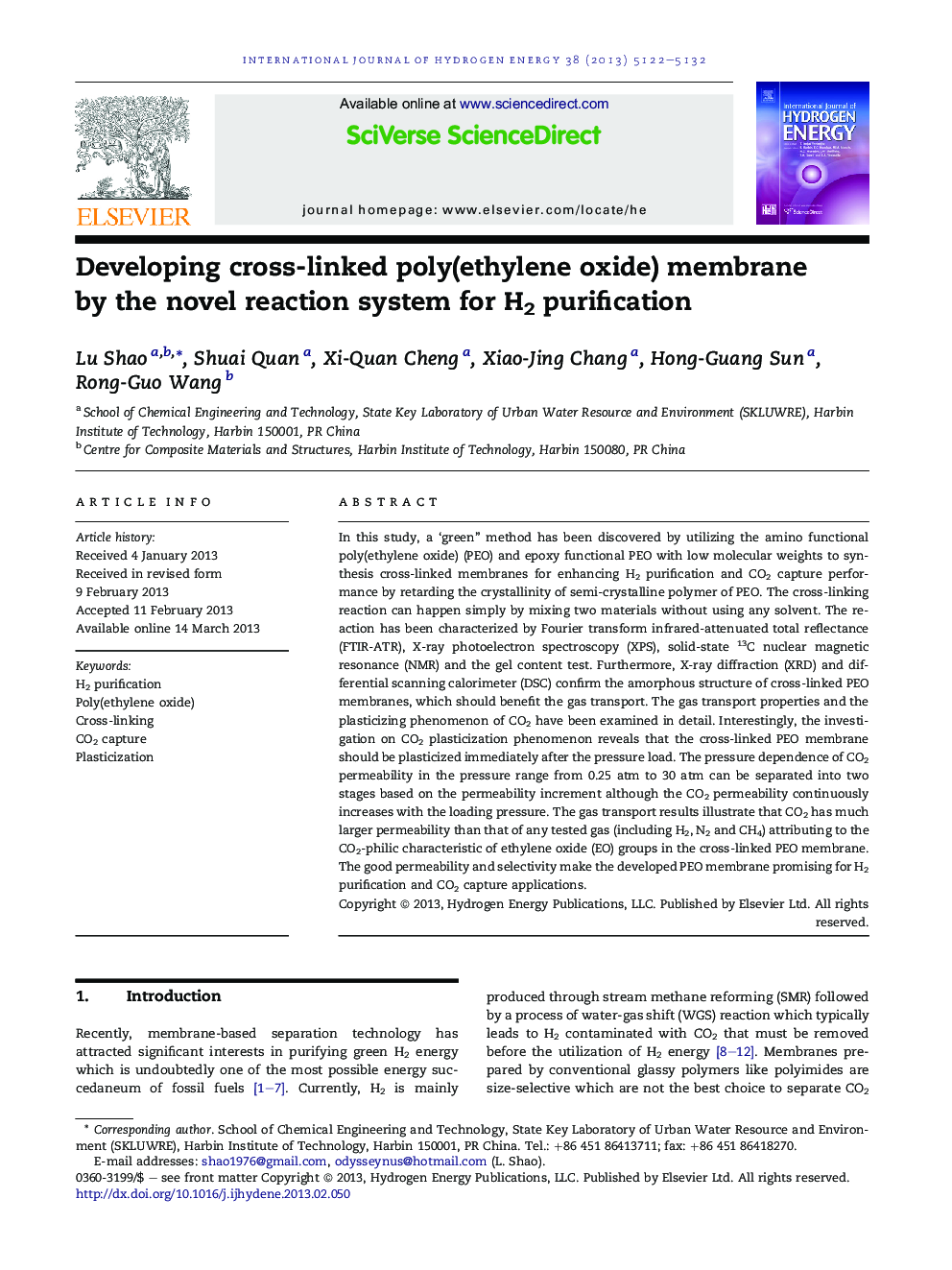 Developing cross-linked poly(ethylene oxide) membrane byÂ the novel reaction system for H2 purification