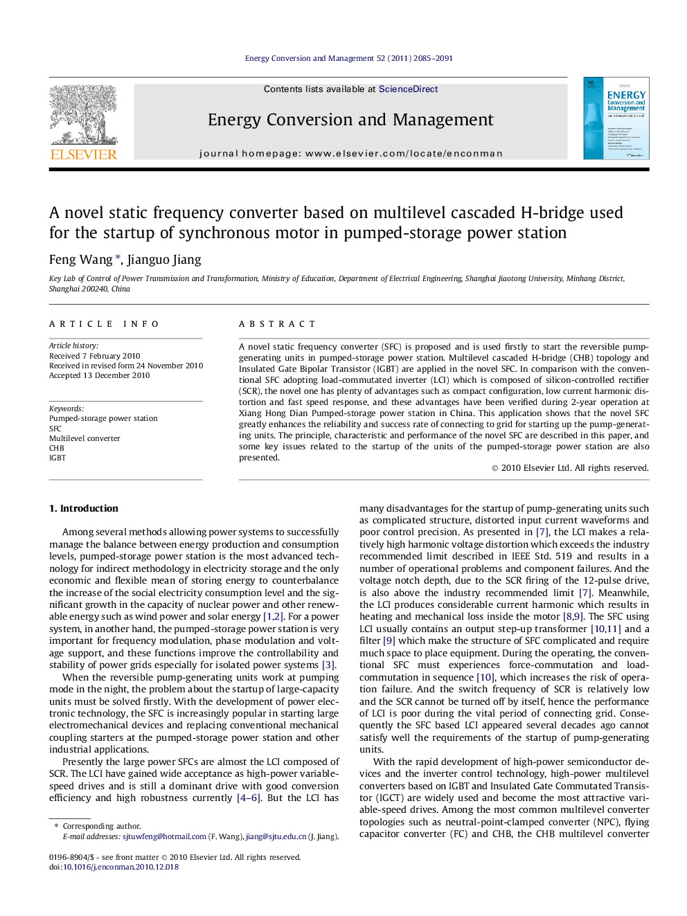 A novel static frequency converter based on multilevel cascaded H-bridge used for the startup of synchronous motor in pumped-storage power station