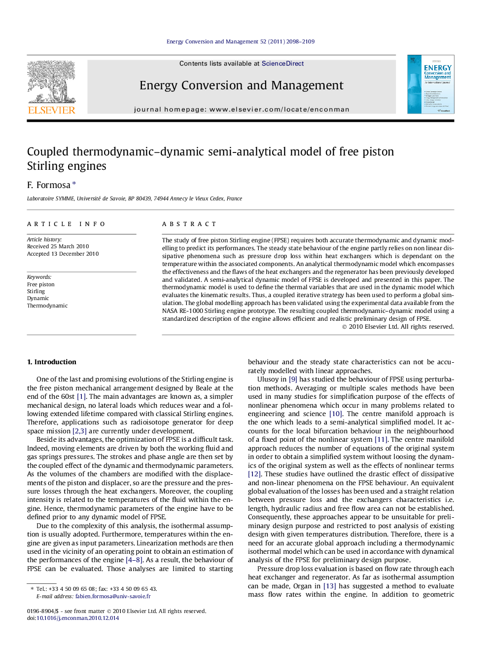 Coupled thermodynamic–dynamic semi-analytical model of free piston Stirling engines