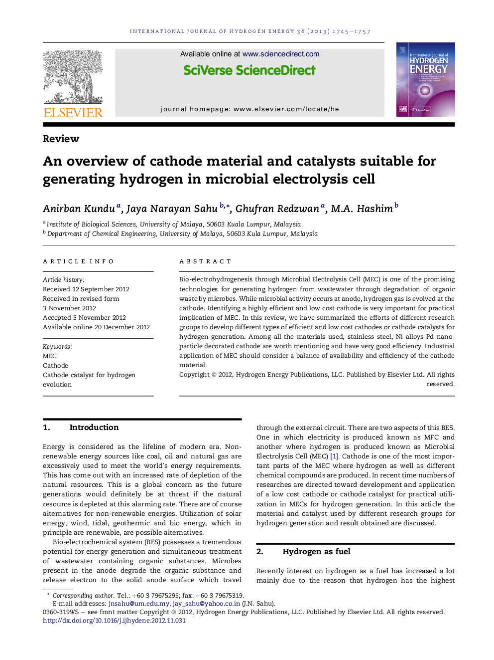 An overview of cathode material and catalysts suitable for generating hydrogen in microbial electrolysis cell