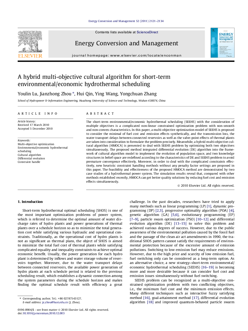 A hybrid multi-objective cultural algorithm for short-term environmental/economic hydrothermal scheduling