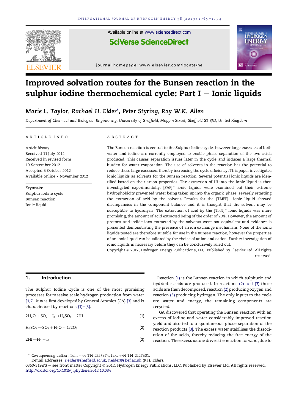 Improved solvation routes for the Bunsen reaction in the sulphur iodine thermochemical cycle: Part I - Ionic liquids