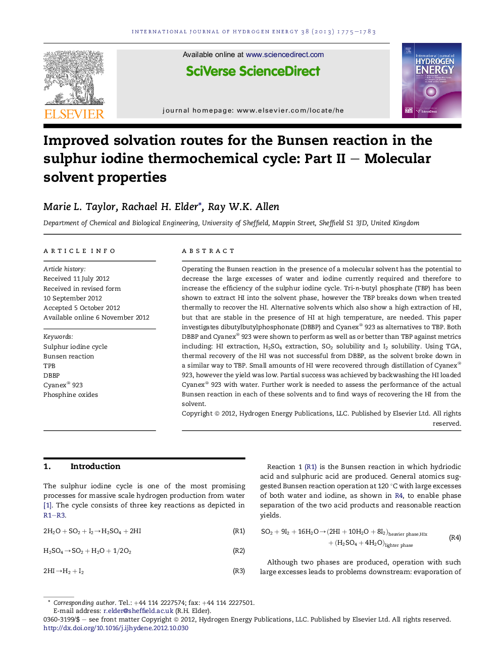 Improved solvation routes for the Bunsen reaction in the sulphur iodine thermochemical cycle: Part II - Molecular solvent properties