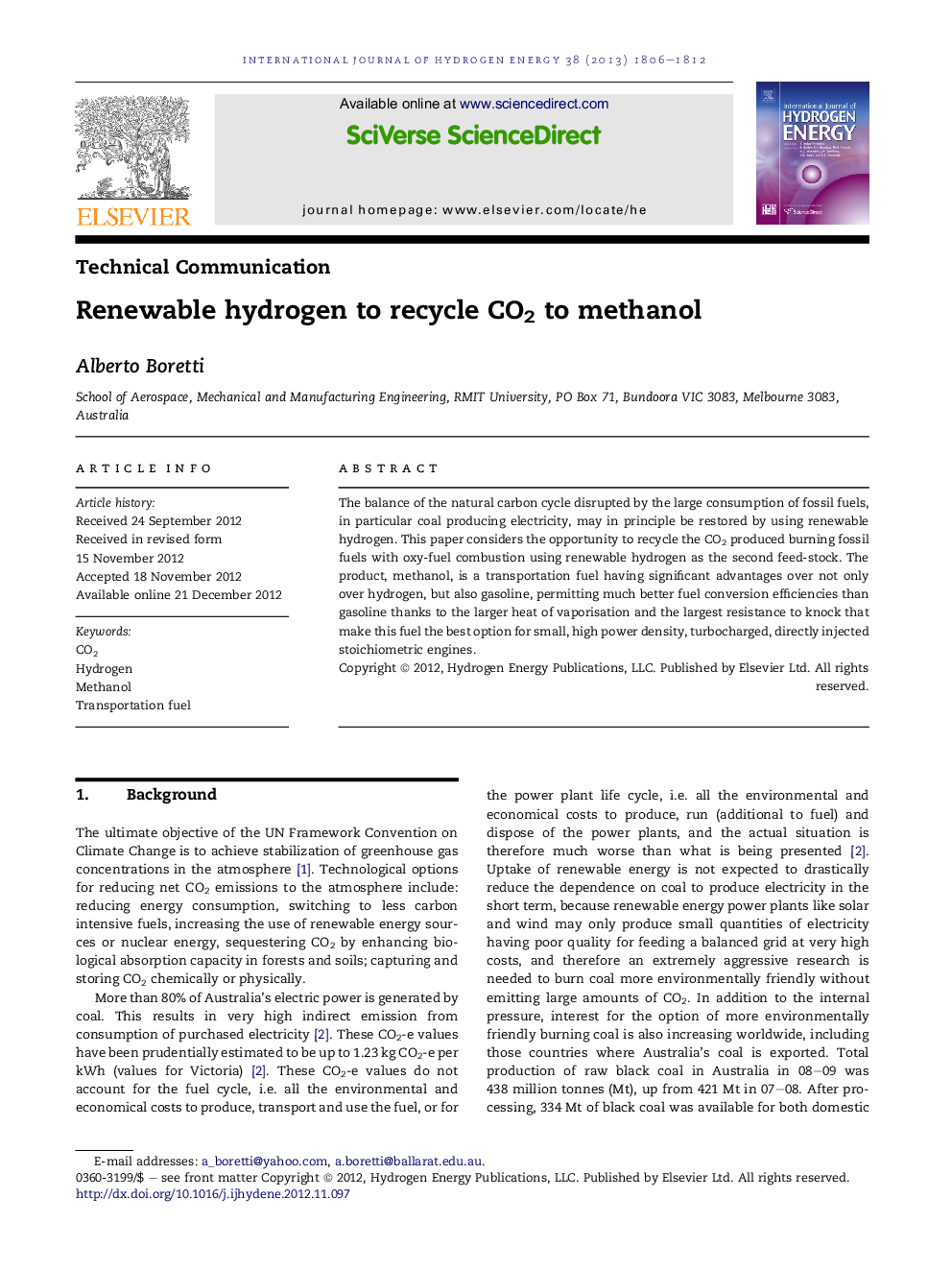 Renewable hydrogen to recycle CO2 to methanol