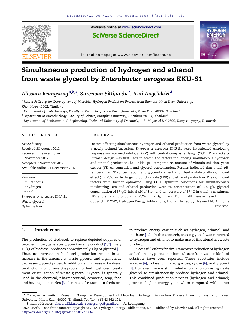 Simultaneous production of hydrogen and ethanol from waste glycerol by Enterobacter aerogenes KKU-S1