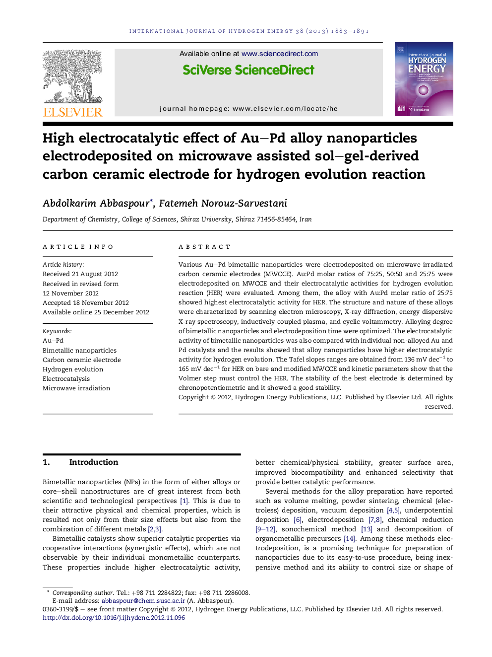 High electrocatalytic effect of Au-Pd alloy nanoparticles electrodeposited on microwave assisted sol-gel-derived carbon ceramic electrode for hydrogen evolution reaction