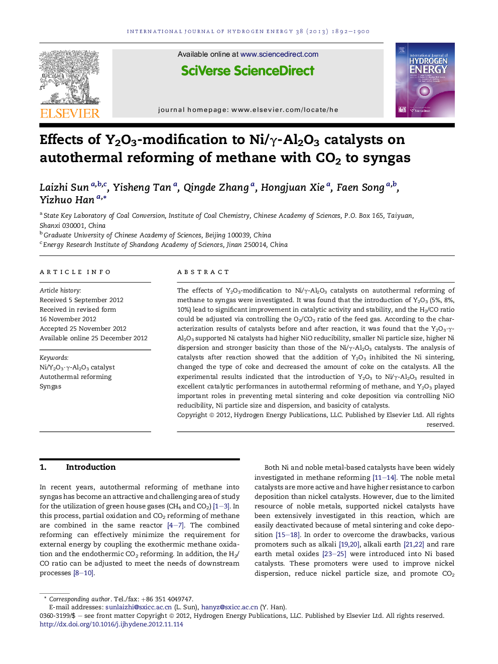 Effects of Y2O3-modification to Ni/Î³-Al2O3 catalysts on autothermal reforming of methane with CO2 to syngas