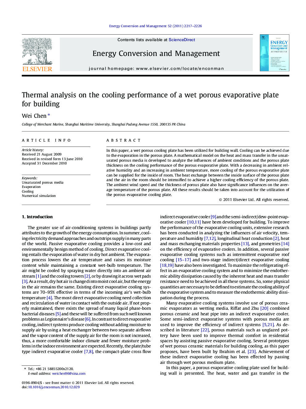 Thermal analysis on the cooling performance of a wet porous evaporative plate for building