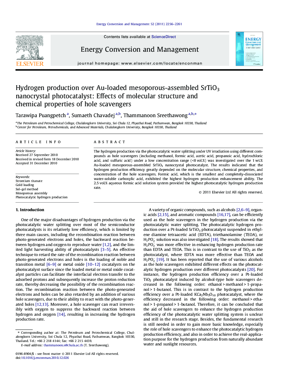 Hydrogen production over Au-loaded mesoporous-assembled SrTiO3 nanocrystal photocatalyst: Effects of molecular structure and chemical properties of hole scavengers