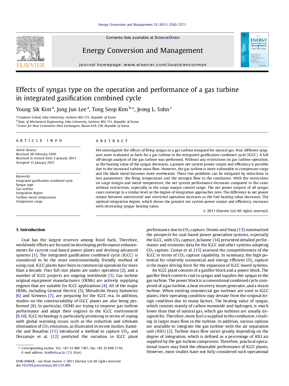 Effects of syngas type on the operation and performance of a gas turbine in integrated gasification combined cycle