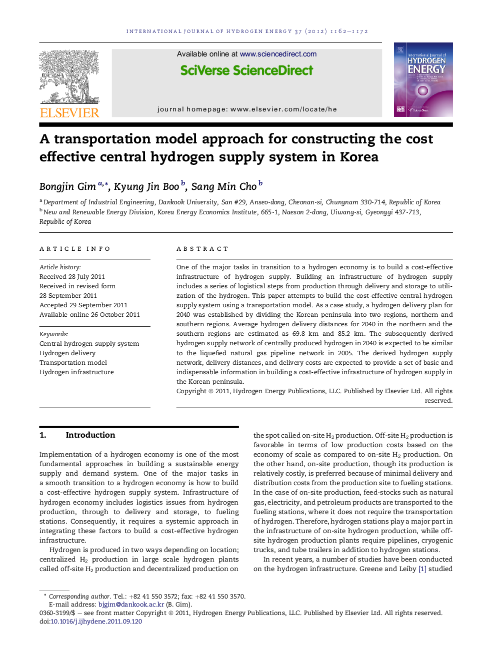 A transportation model approach for constructing the cost effective central hydrogen supply system in Korea