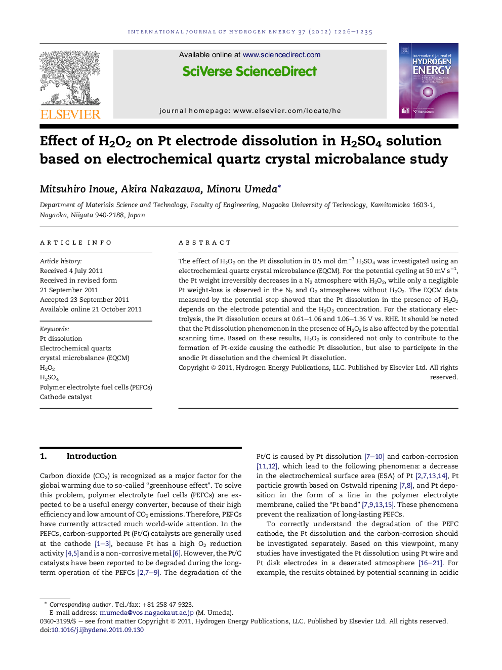 Effect of H2O2 on Pt electrode dissolution in H2SO4 solution based on electrochemical quartz crystal microbalance study