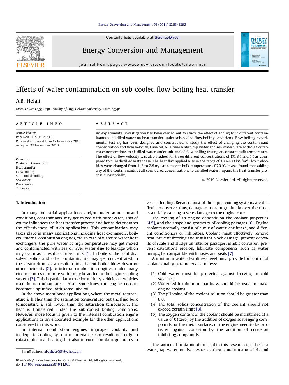 Effects of water contamination on sub-cooled flow boiling heat transfer