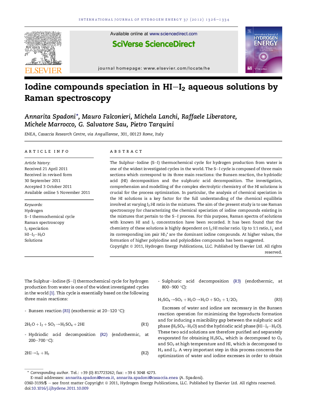 Iodine compounds speciation in HI-I2 aqueous solutions by Raman spectroscopy