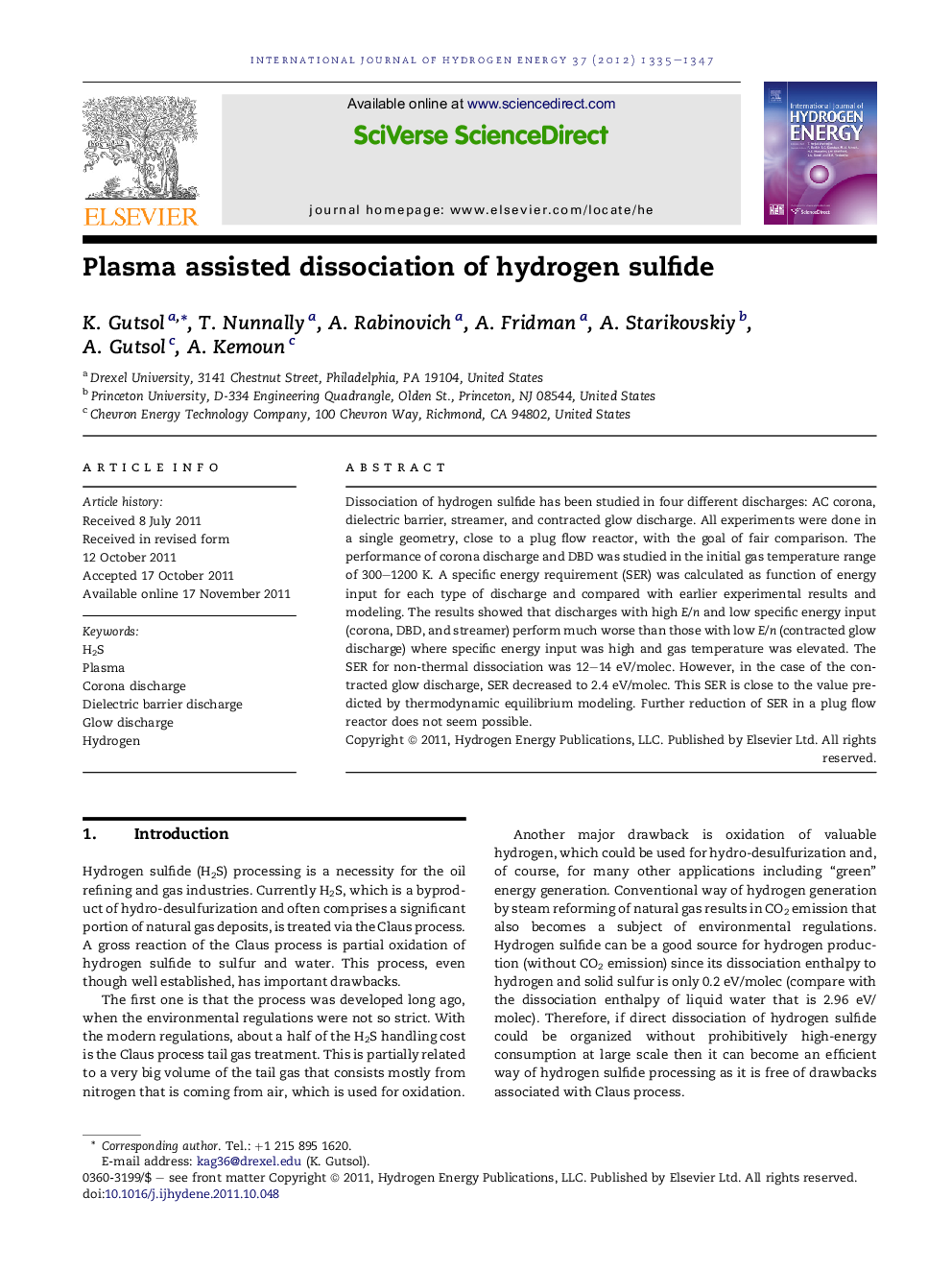 Plasma assisted dissociation of hydrogen sulfide