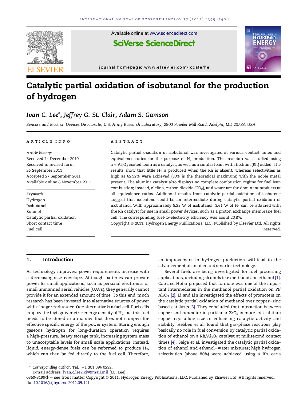 Catalytic partial oxidation of isobutanol for the production of hydrogen