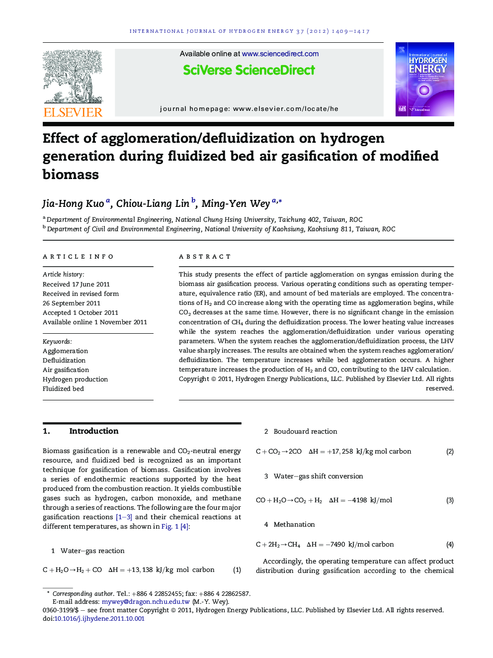 Effect of agglomeration/defluidization on hydrogen generation during fluidized bed air gasification of modified biomass