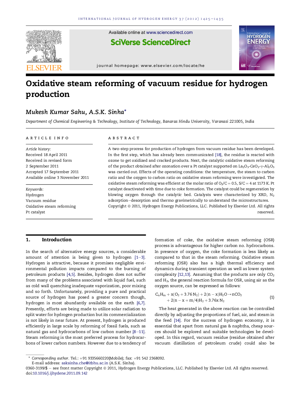 Oxidative steam reforming of vacuum residue for hydrogen production