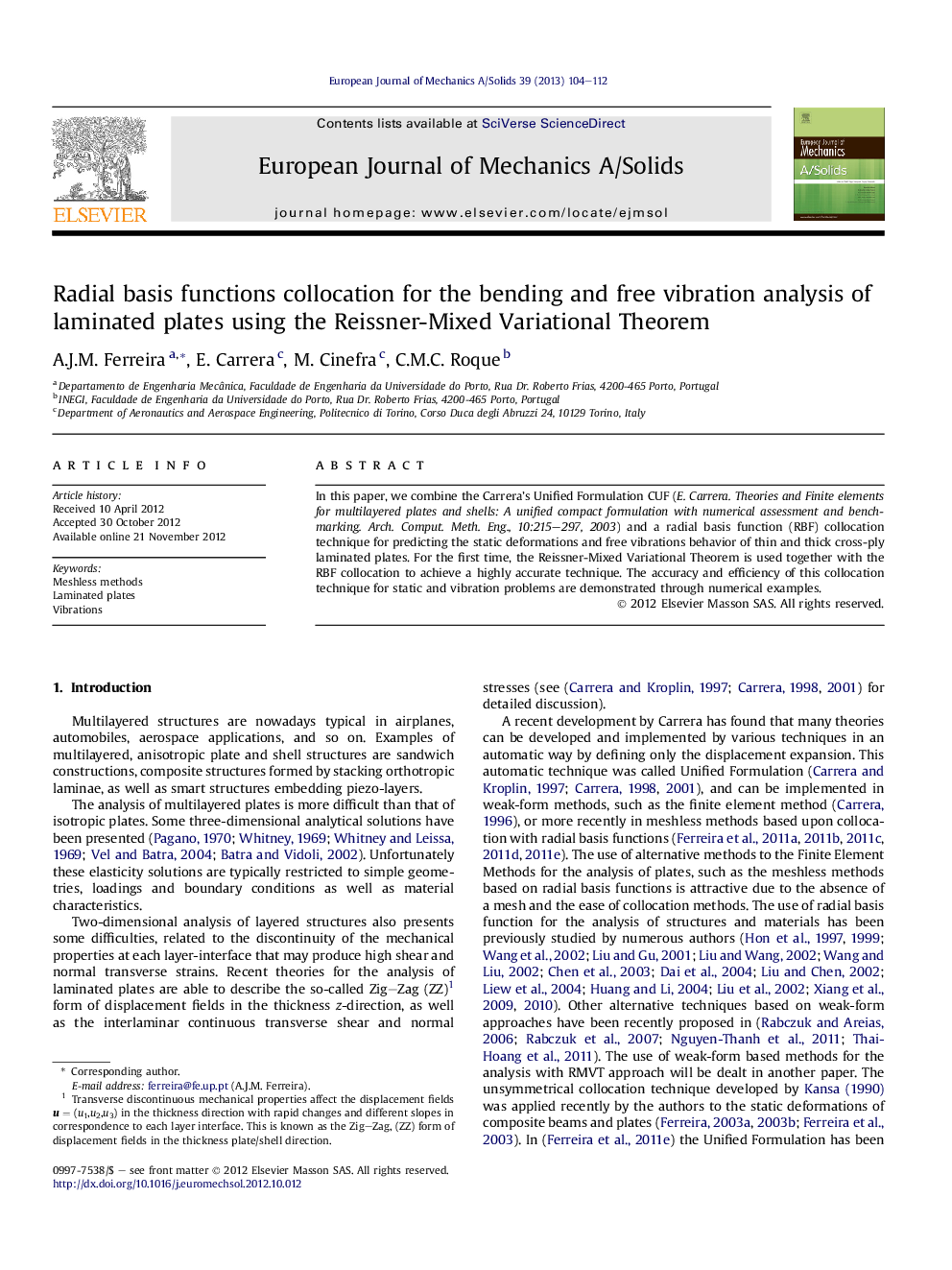 Radial basis functions collocation for the bending and free vibration analysis of laminated plates using the Reissner-Mixed Variational Theorem