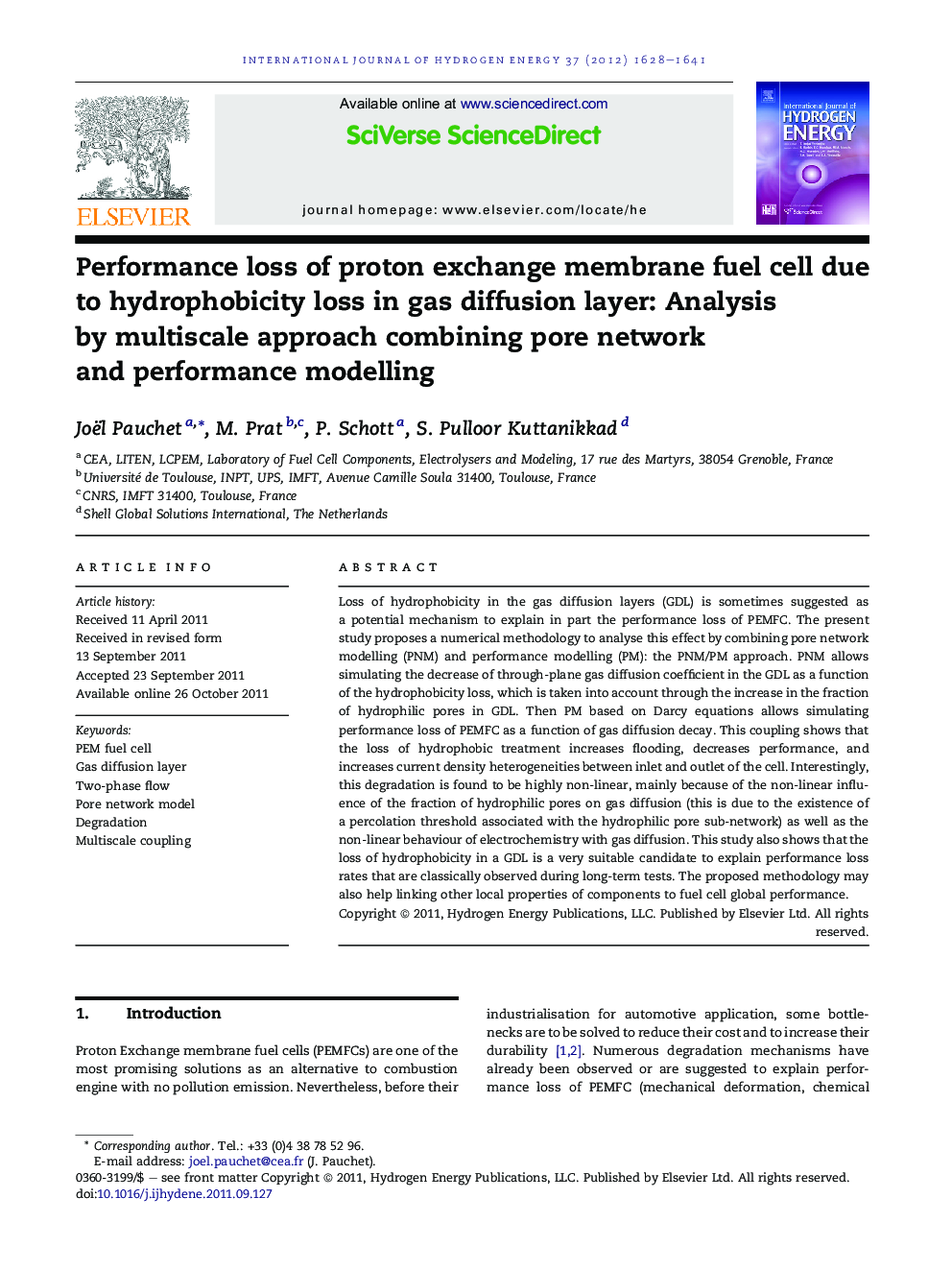 Performance loss of proton exchange membrane fuel cell due to hydrophobicity loss in gas diffusion layer: Analysis by multiscale approach combining pore network and performance modelling