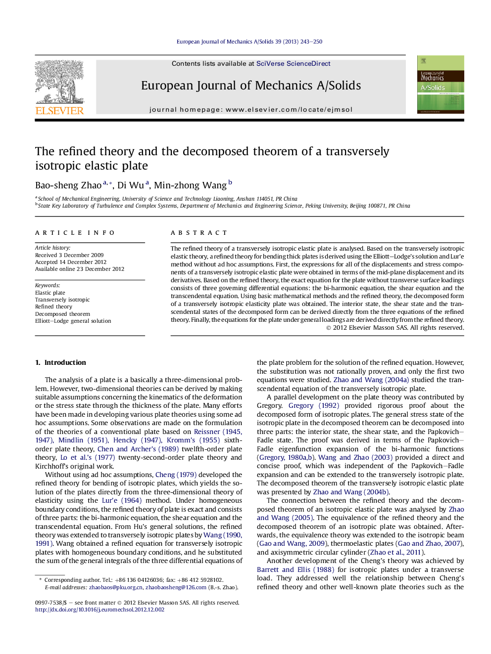 The refined theory and the decomposed theorem of a transversely isotropic elastic plate