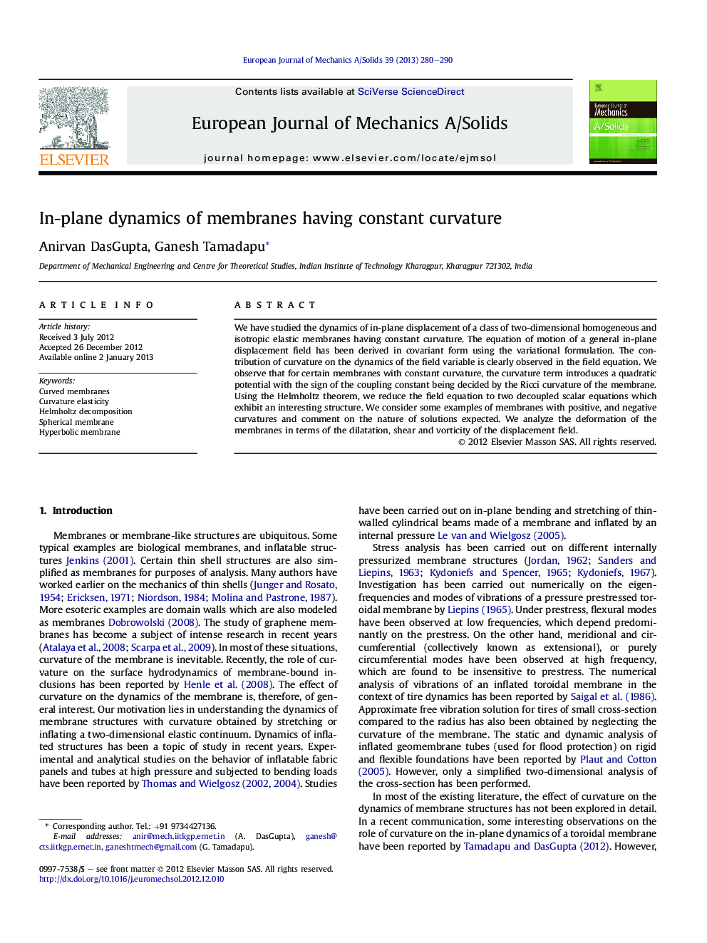 In-plane dynamics of membranes having constant curvature