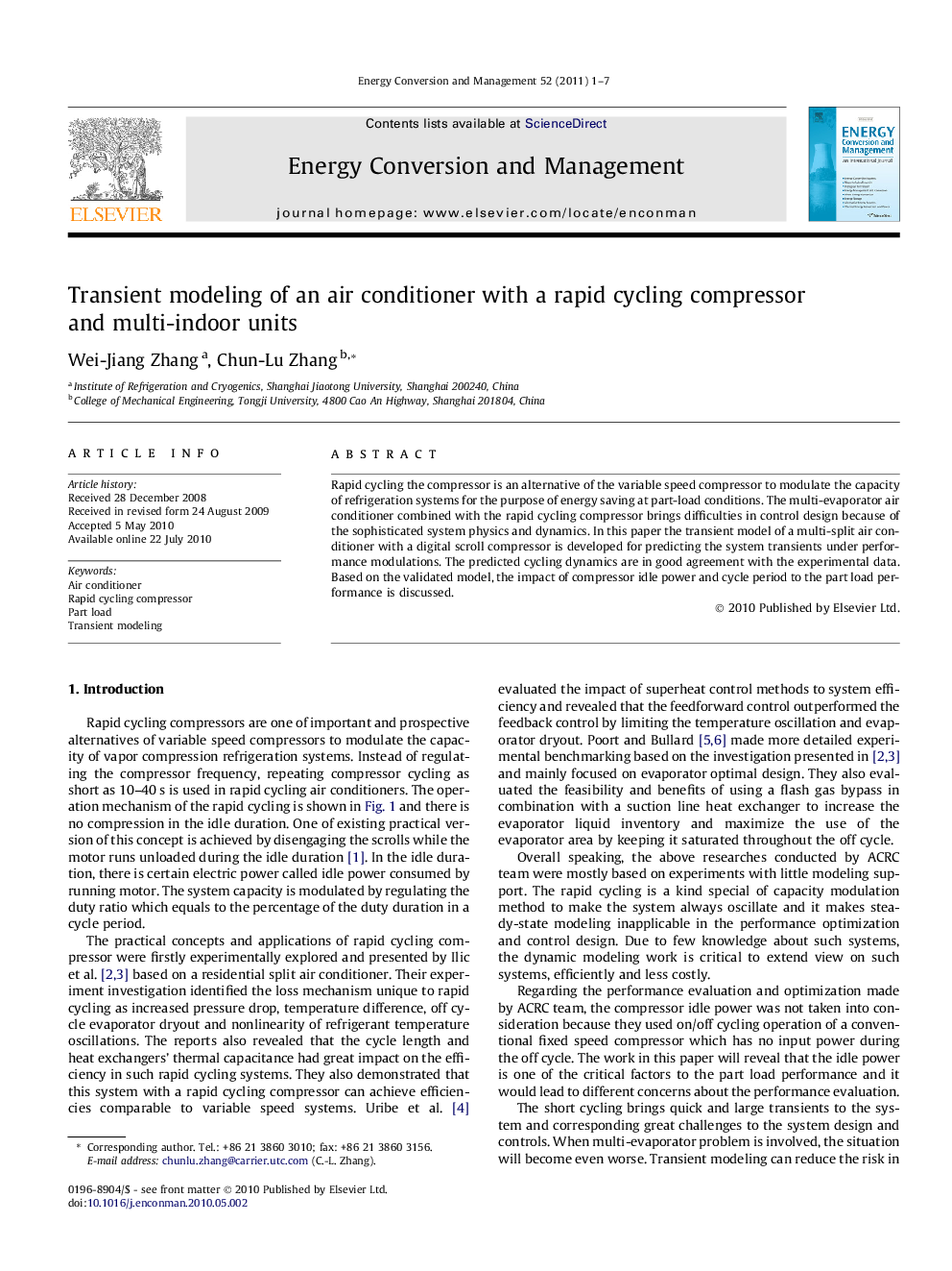 Transient modeling of an air conditioner with a rapid cycling compressor and multi-indoor units