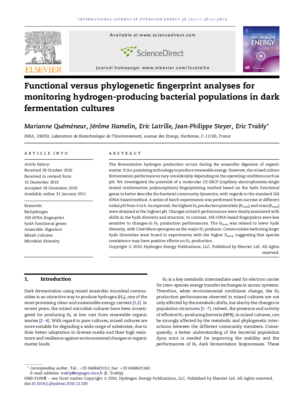 Functional versus phylogenetic fingerprint analyses for monitoring hydrogen-producing bacterial populations in dark fermentation cultures