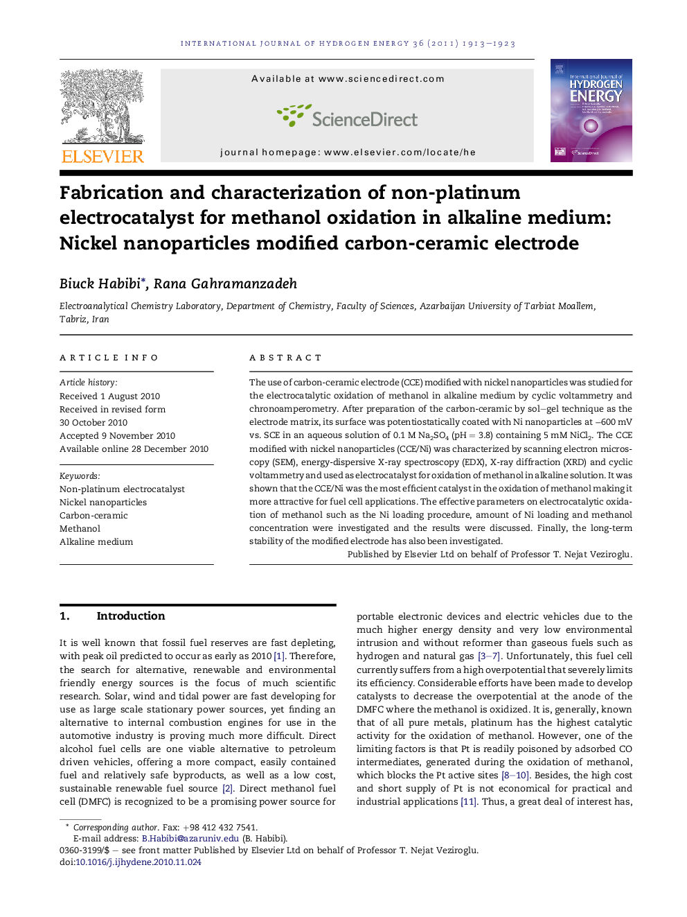 RETRACTED: Fabrication and characterization of non-platinum electrocatalyst for methanol oxidation in alkaline medium: Nickel nanoparticles modified carbon-ceramic electrode