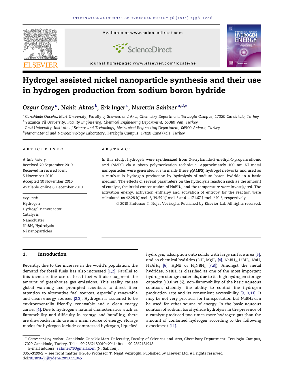 Hydrogel assisted nickel nanoparticle synthesis and their use in hydrogen production from sodium boron hydride