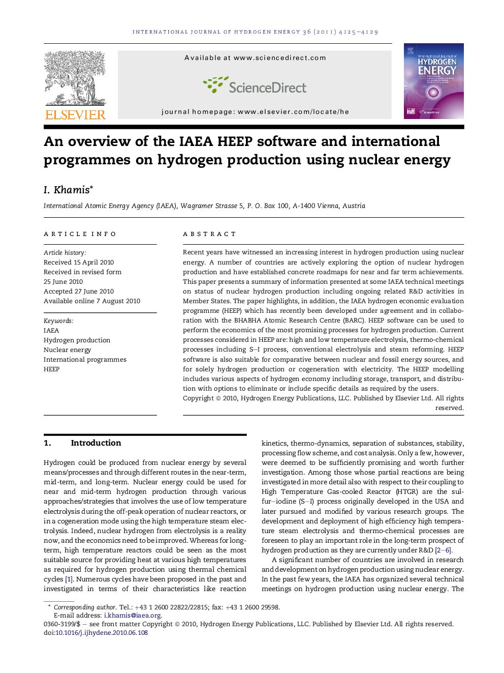 An overview of the IAEA HEEP software and international programmes on hydrogen production using nuclear energy