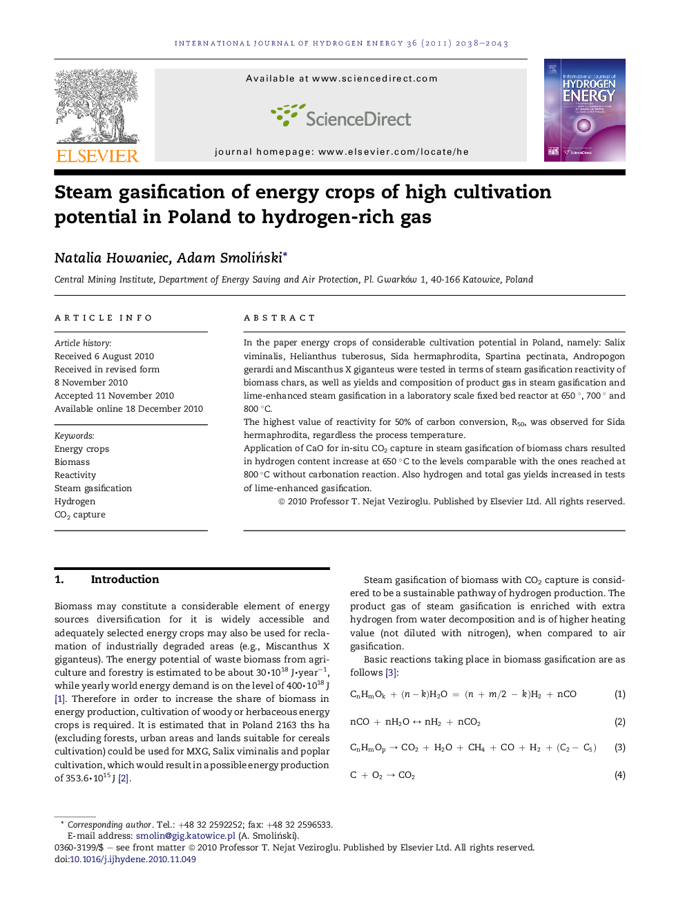 Steam gasification of energy crops of high cultivation potential in Poland to hydrogen-rich gas