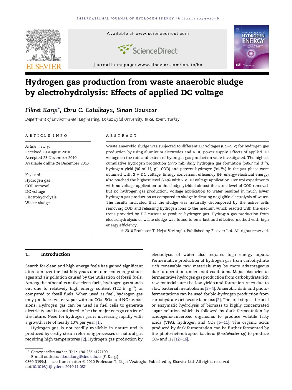 Hydrogen gas production from waste anaerobic sludge by electrohydrolysis: Effects of applied DC voltage