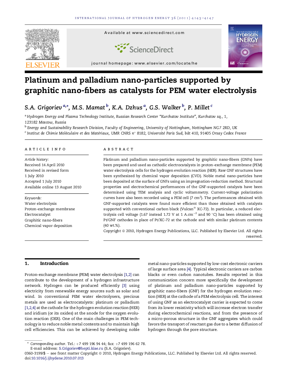 Platinum and palladium nano-particles supported by graphitic nano-fibers as catalysts for PEM water electrolysis