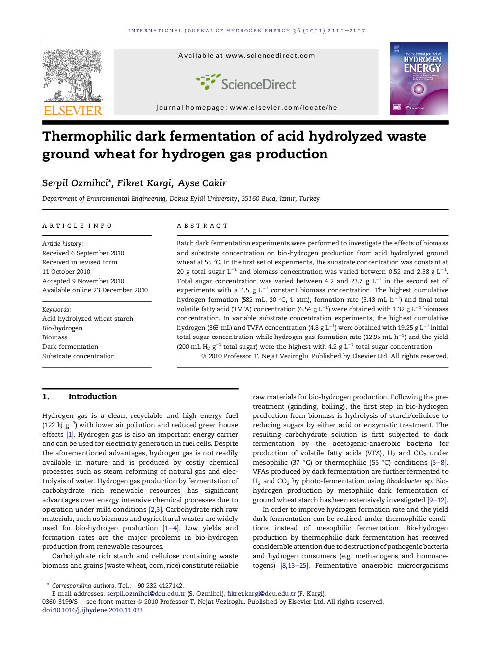 Thermophilic dark fermentation of acid hydrolyzed waste ground wheat for hydrogen gas production