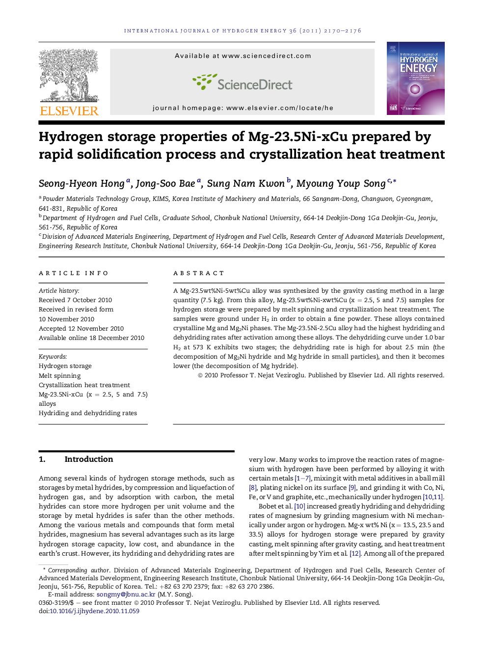 Hydrogen storage properties of Mg-23.5Ni-xCu prepared by rapid solidification process and crystallization heat treatment