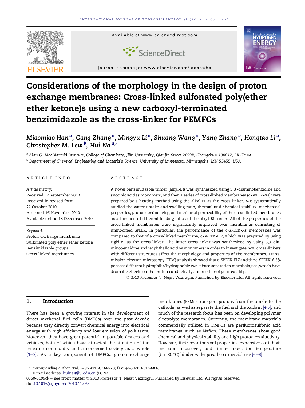 Considerations of the morphology in the design of proton exchange membranes: Cross-linked sulfonated poly(ether ether ketone)s using a new carboxyl-terminated benzimidazole as the cross-linker for PEMFCs