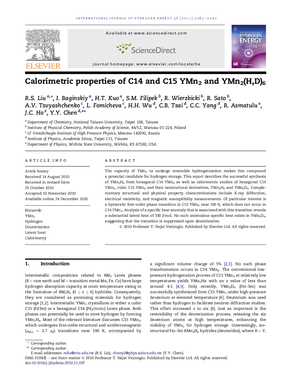 Calorimetric properties of C14 and C15 YMn2 and YMn2(H,D)6