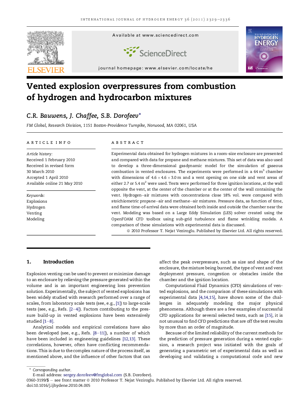 Vented explosion overpressures from combustion of hydrogen and hydrocarbon mixtures