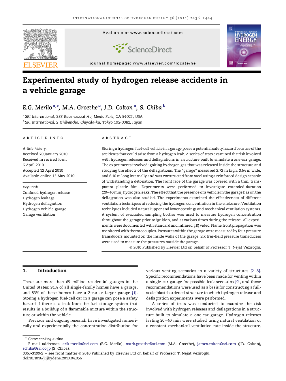 Experimental study of hydrogen release accidents in a vehicle garage