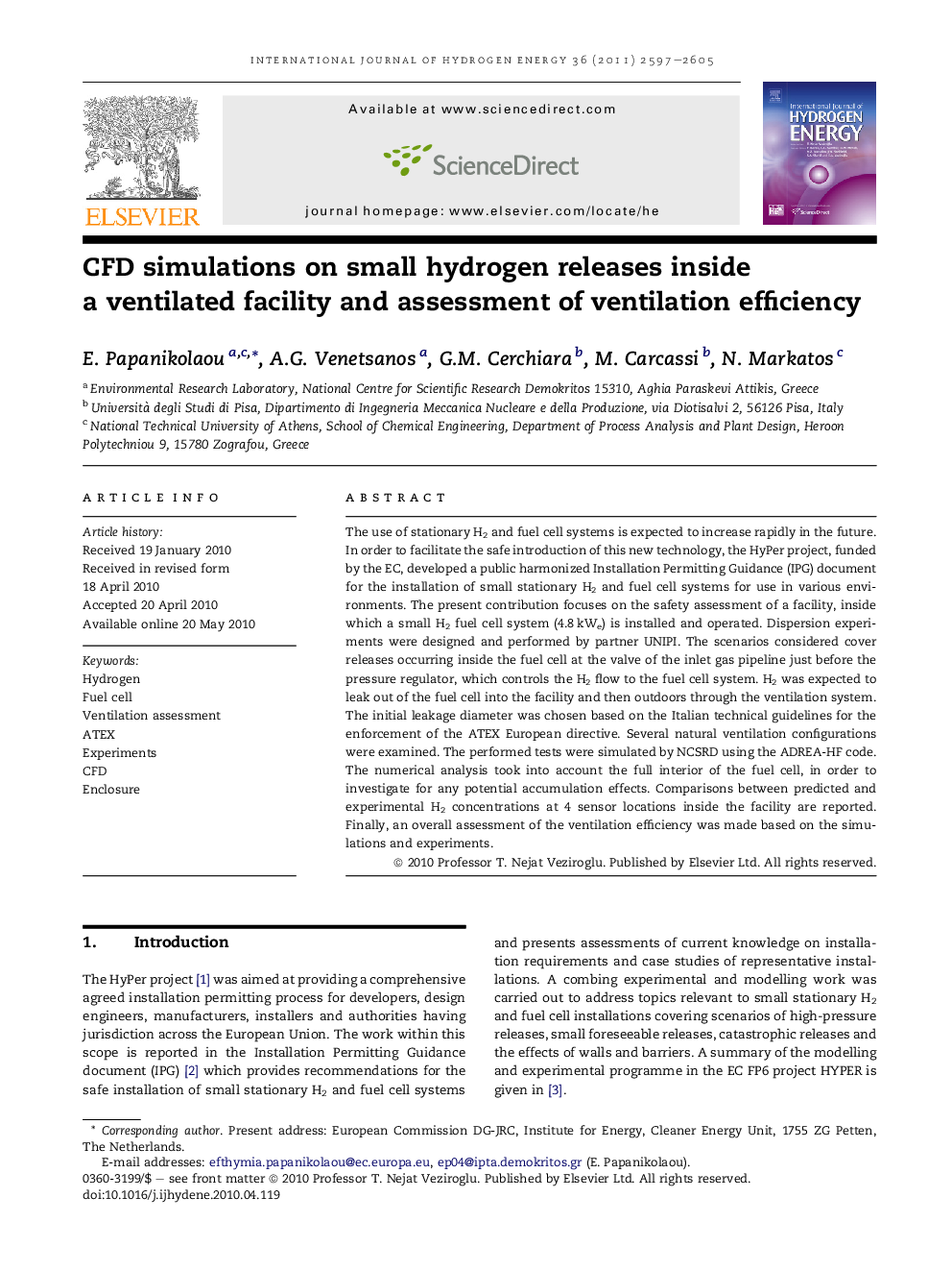 CFD simulations on small hydrogen releases inside a ventilated facility and assessment of ventilation efficiency